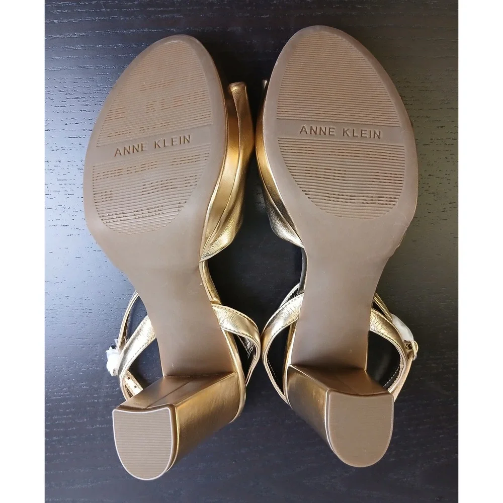 Anne Klein AKVALENTINE-W Gold Metallic Knotted Platform Block Heel Sandals 10W